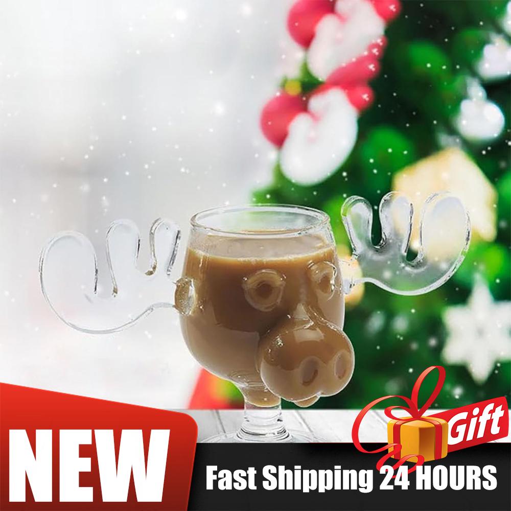 Creative Elk Glass Cup 8oz 240ml Christmas Vacation Moose Mug With Cat Spoon Xmas Reindeer Head Coffee Cup Wine Mug Water Cup