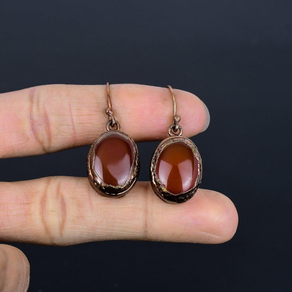 Carnelian Copper Electroformed Earrings, Handmade Gemstone Earrings Jewelry, Gifts For Wife Brand New Earrings
