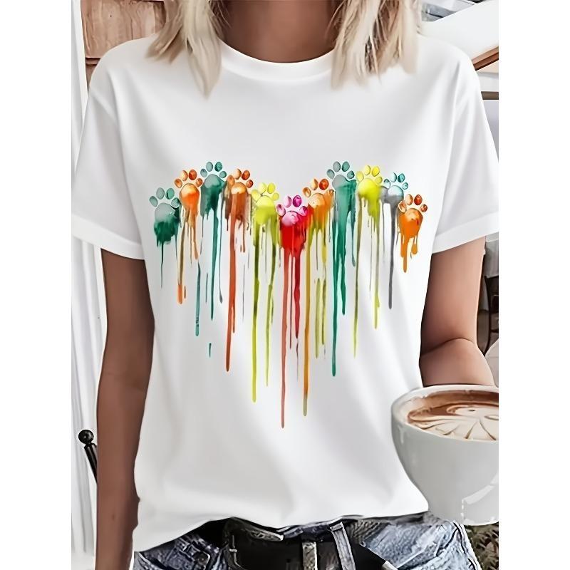 European Sizes Women's White Oversized T-Shirt with Multicolor Dripping Stripe Print - Short Sleeve Round Neck Casual Summer Top