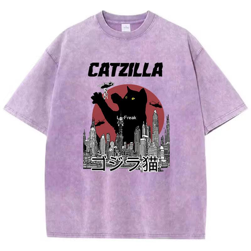 

T Shirt Vintage Washed Cotton T-Shirt Japanese Style Cat Lovers Catzilla Graphic Tee Casual Streetwear Spring Summer S