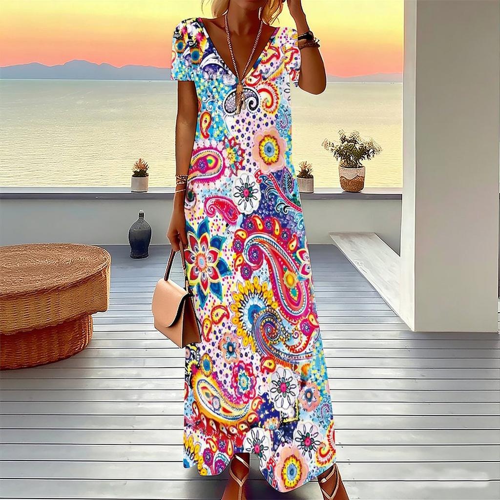 Women Plus Size V Neck Short Sleeve Maxi Dress Retro Paisley Print Loose Fit Summer Beach Long Dress
