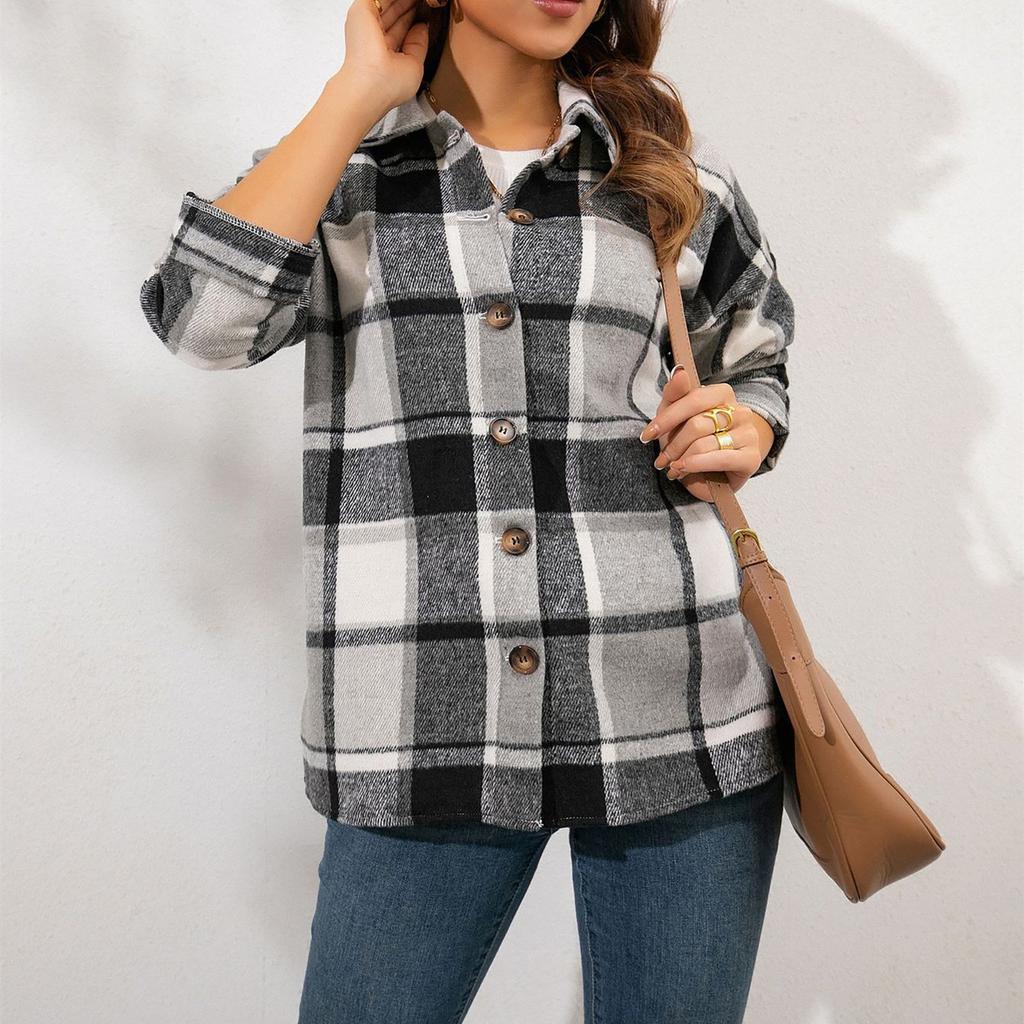Fashion Women's  Casual Loose Grinding Wool Plush Plaid Long-sleeved Shirt Jacket