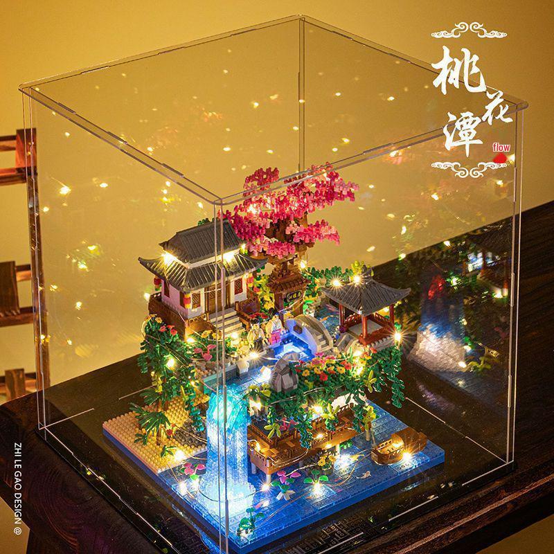 Fairy Pavilion Cherry Blossom Treehouse with Peach Blossom Pond - Creative Ancient Style Building Block Ornament, Handmade Assembly Scene.