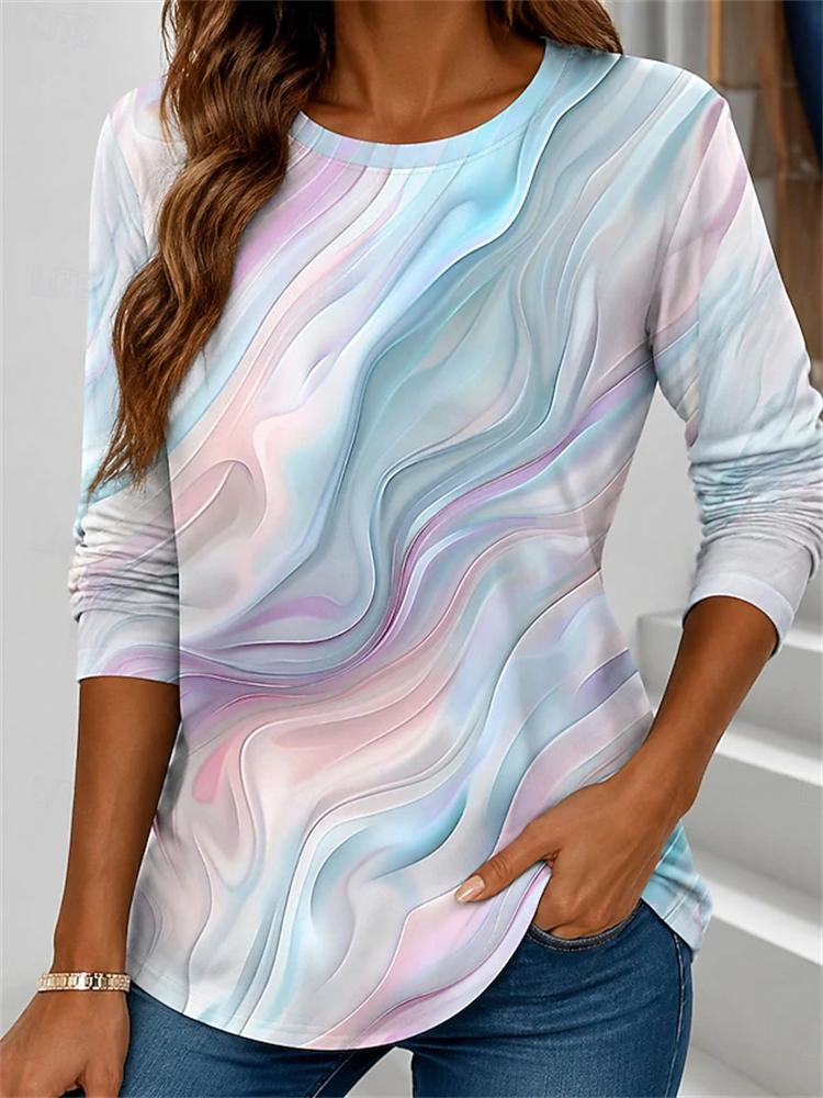New Autumn Women's Long-Sleeved 3D Abstract Art Print Crew Neck Casual T-Shirt Fashionable and Trendy Street Style Top