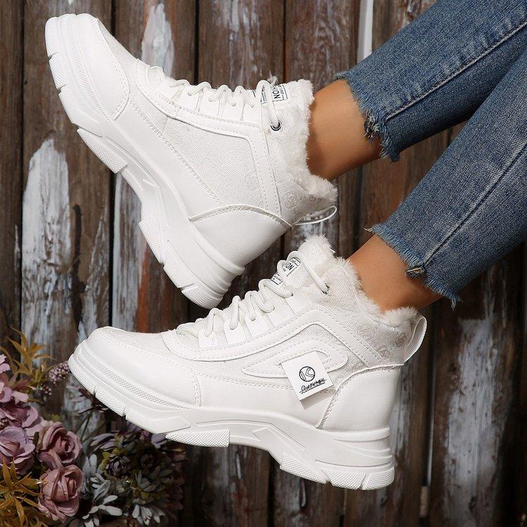 Women's Lace-up Large Size Soft Sole Winter Warm Fur Snow Boots Padded Lined Ankle Boots Anti-slip Hiking Casual Sports Cotton Boots