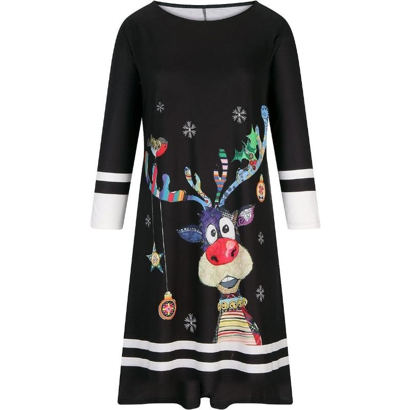 QICED Women's Christmas Printed 3/4 Sleeve Round Neck Casual Dresses