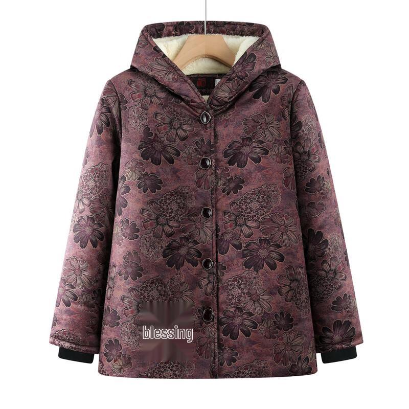 Elderly Women's Floral Hooded Winter Padded Jacket