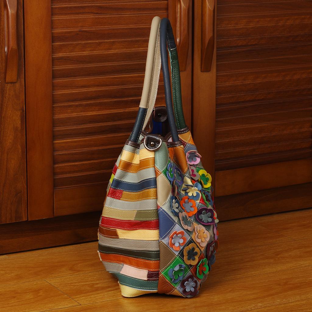 Leather Women'S Bag Hand-Spliced Flowers Colorful Random Contrasting Color Shoulder Messenger Bag