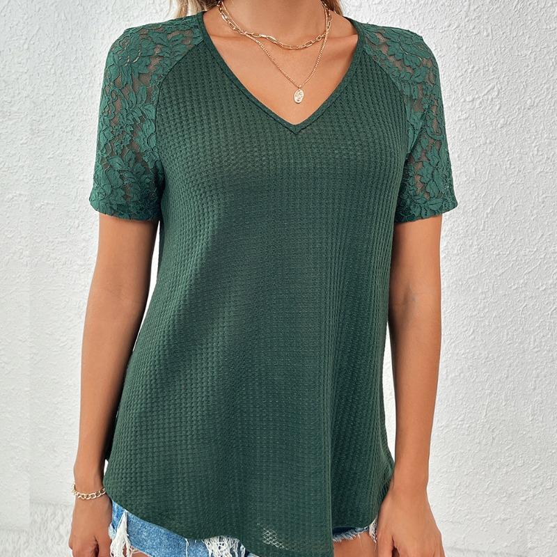 Summer Short Sleeve Hollow Lace V-neck Women Blouse Loose Casual T-shirt Short Sleeved Office Top Loose Fashion Elegant Solid Color Shirt Clothing