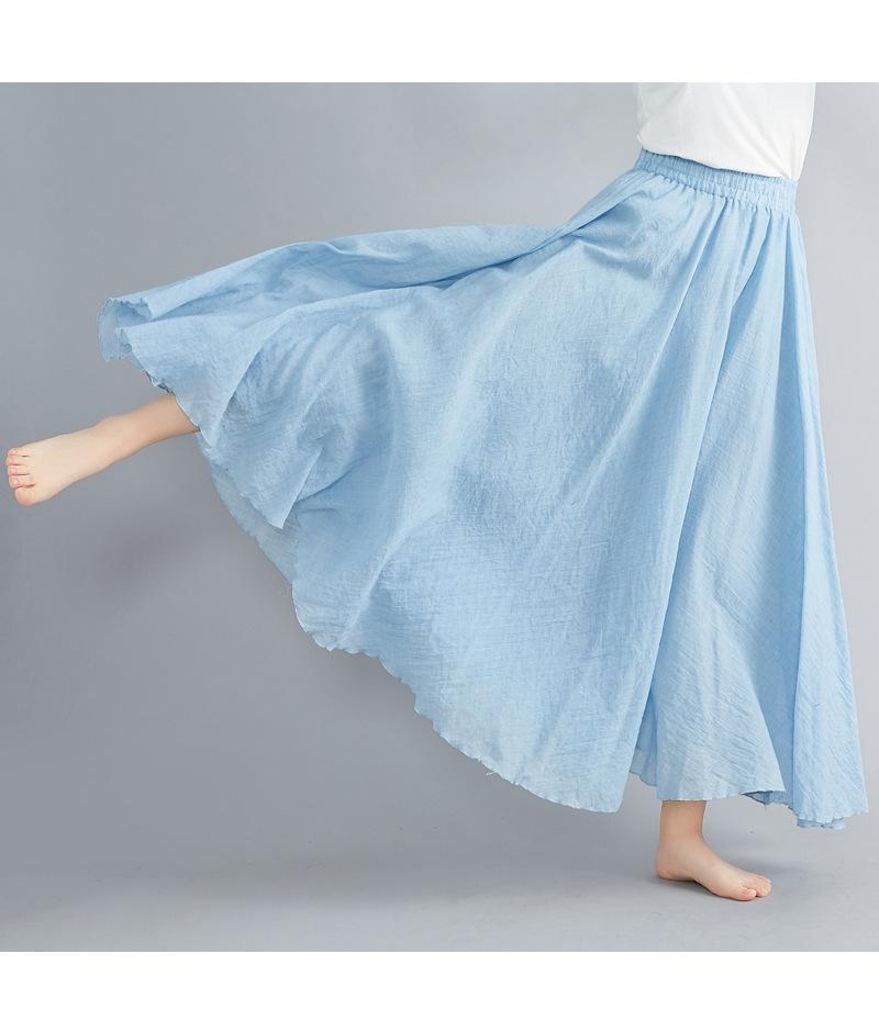Women's Plus Size Literary Cotton Linen Half Skirt Elastic Waist Linen A Line Long Solid Color Ethnic Style Flared Skirt