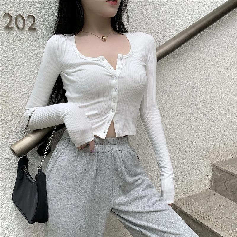 Korean Style O-neck Short Knitted Sweaters Women Thin Cardigan Fashion Open Front Button Up Long Sleeve Crop Top T Shirt Women
