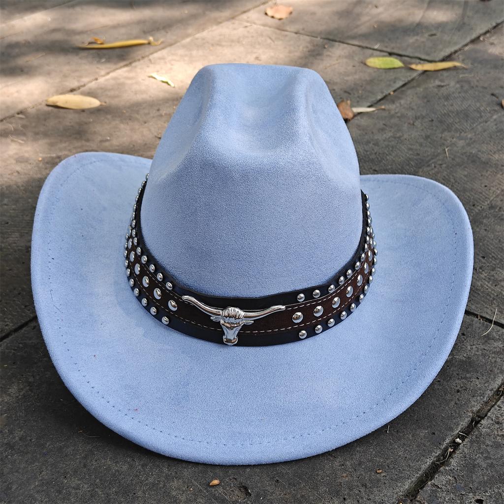 Retro Suede Leather Western Cowboy Fedora Hat For Men Women Bull Head Accessories Fashion Travel Party Hat Denim Hat Sombrero