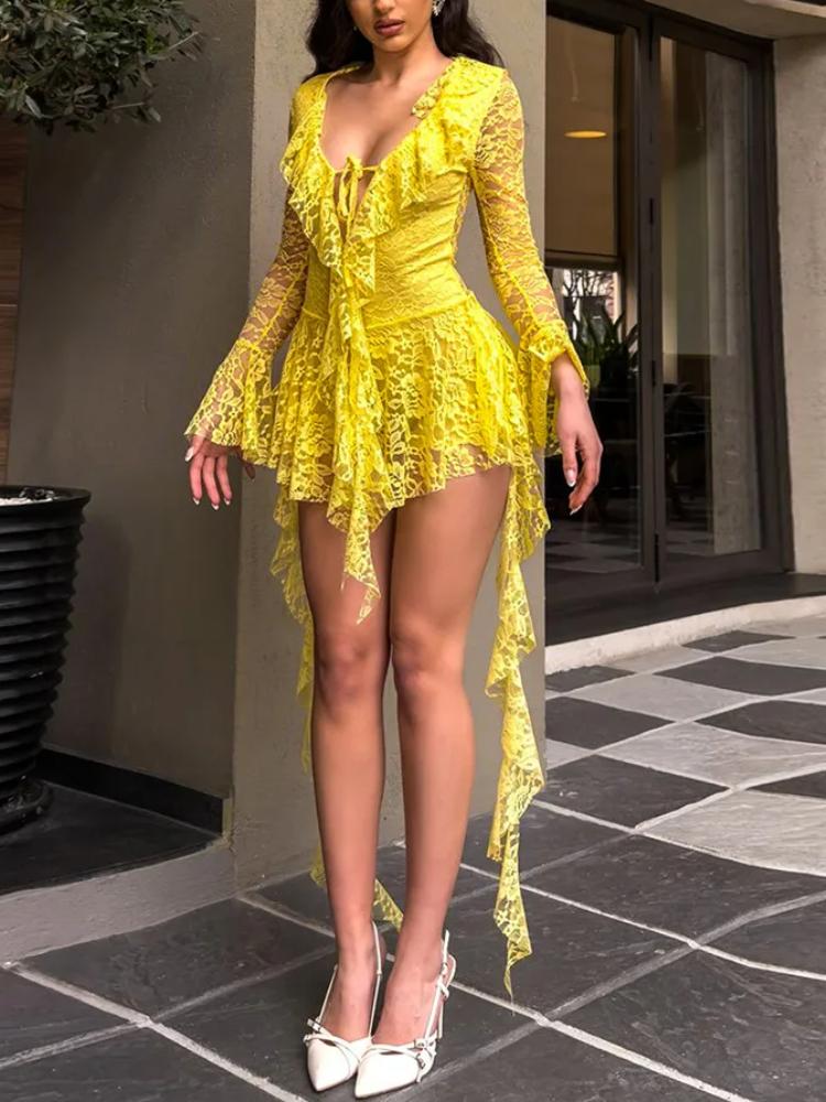 Summer Lace Ruffled Streamer Dress for Women Flare Long Sleeve V Neck Sexy Mini Dress See Through Fashion Elegant Dresses