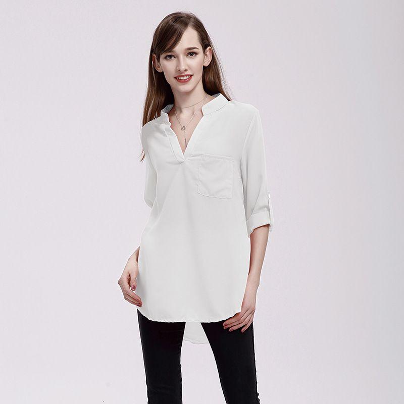 Chiffon Women Blouses Vneck Shirts Long Sleeve Loose Office Casual Spring Lady