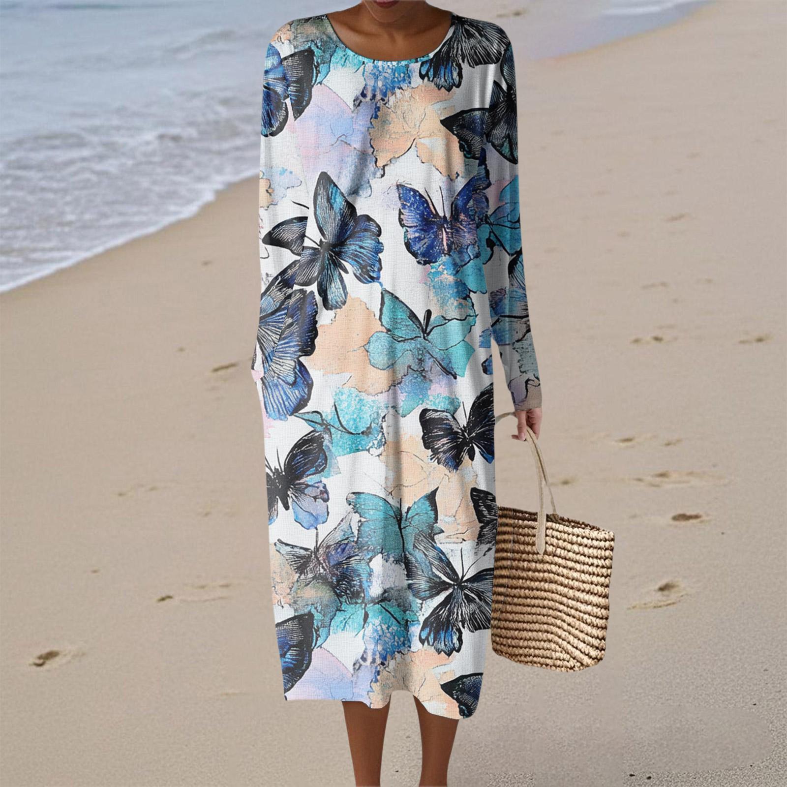 

Women s Fashion Casual Long Sleeve Floral Print Round Neck Pocket Elegant Temperament Dress L