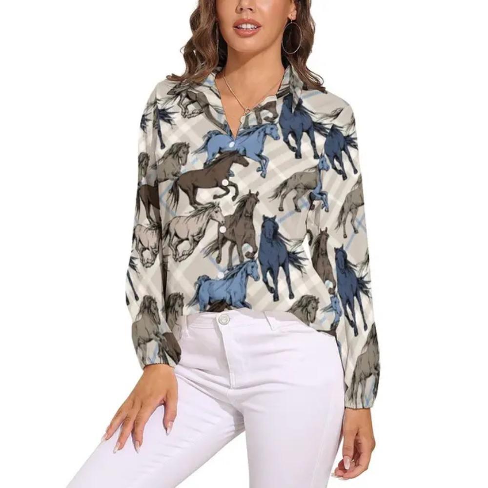 Camicia Colorata con Cavalli a Manica Lunga Camicie da Donna Cavalli Segreti Corse Camicie Vintage Top da Strada Femminili Primavera Estate