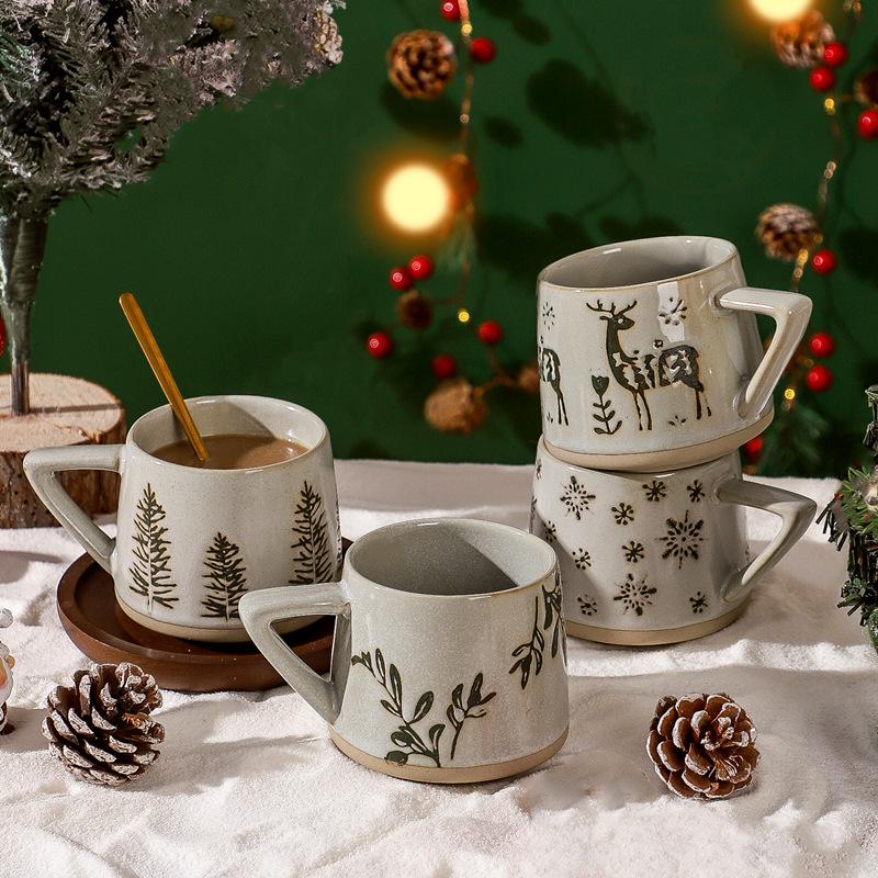 Christmas Vintage Ceramic Mug with Heat-resistant Handle Coffee Cup Nordic Style Home Office Handmade Water Tea Cups Xmas Gifts