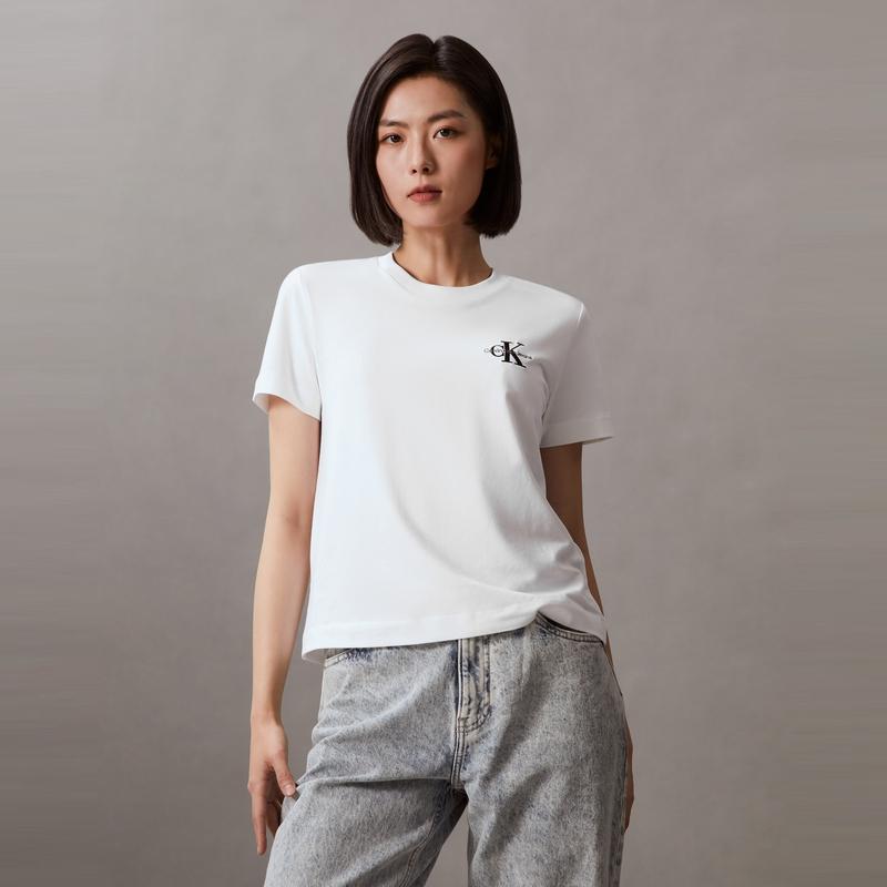 Calvin Klein Solid Sweet And Spicy Round Neck T-Shirt Women Tops White J218883-24S-YAF