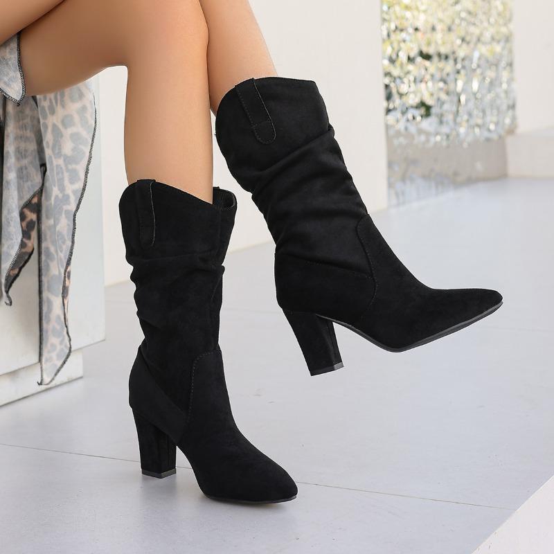 

Модные ботинки нового стиля с острым носком и плиссировкой для женщин Зимние ботинки до колена со складками из флока на массивном каблуке Удобная женская обувь Большой размер 42 35 чёрный