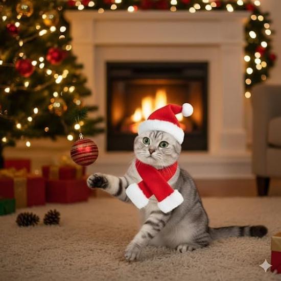 Cat Christmas Costume Santa Hat with Scarf &Small Dogs - Funny Santa Hat and Scarf Outfit for Holiday Photos, Dress Up&Parties Adjustable Cat
