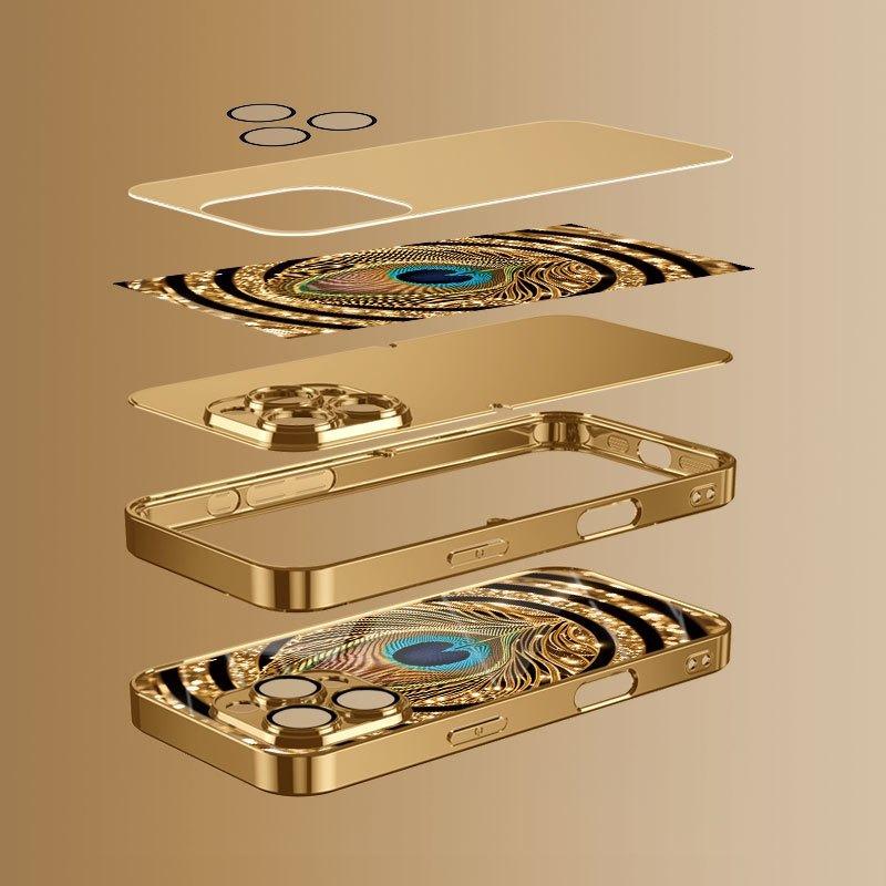 Golden Peacock Feather Pattern Gold Metallic Glass Phone Case For iPhone 11 12 13 14 15 16 17 Pro Max 14 Plus 17 Air 16E Cover