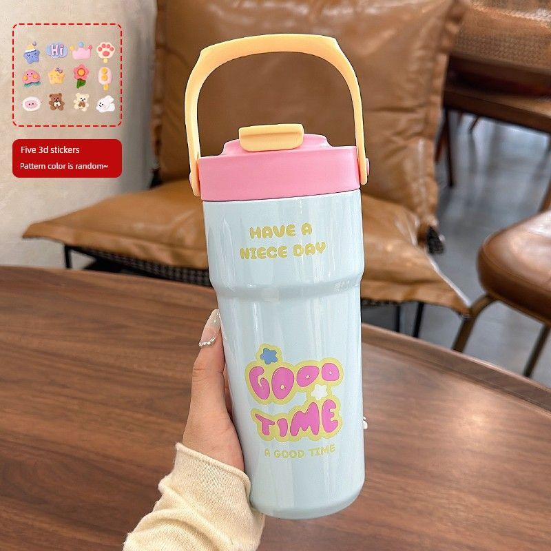 Large Capacity Thermos Cup for Women, New 2024 Model, Stylish Student Straw Cup, Dual-Use Coffee Cup, Portable