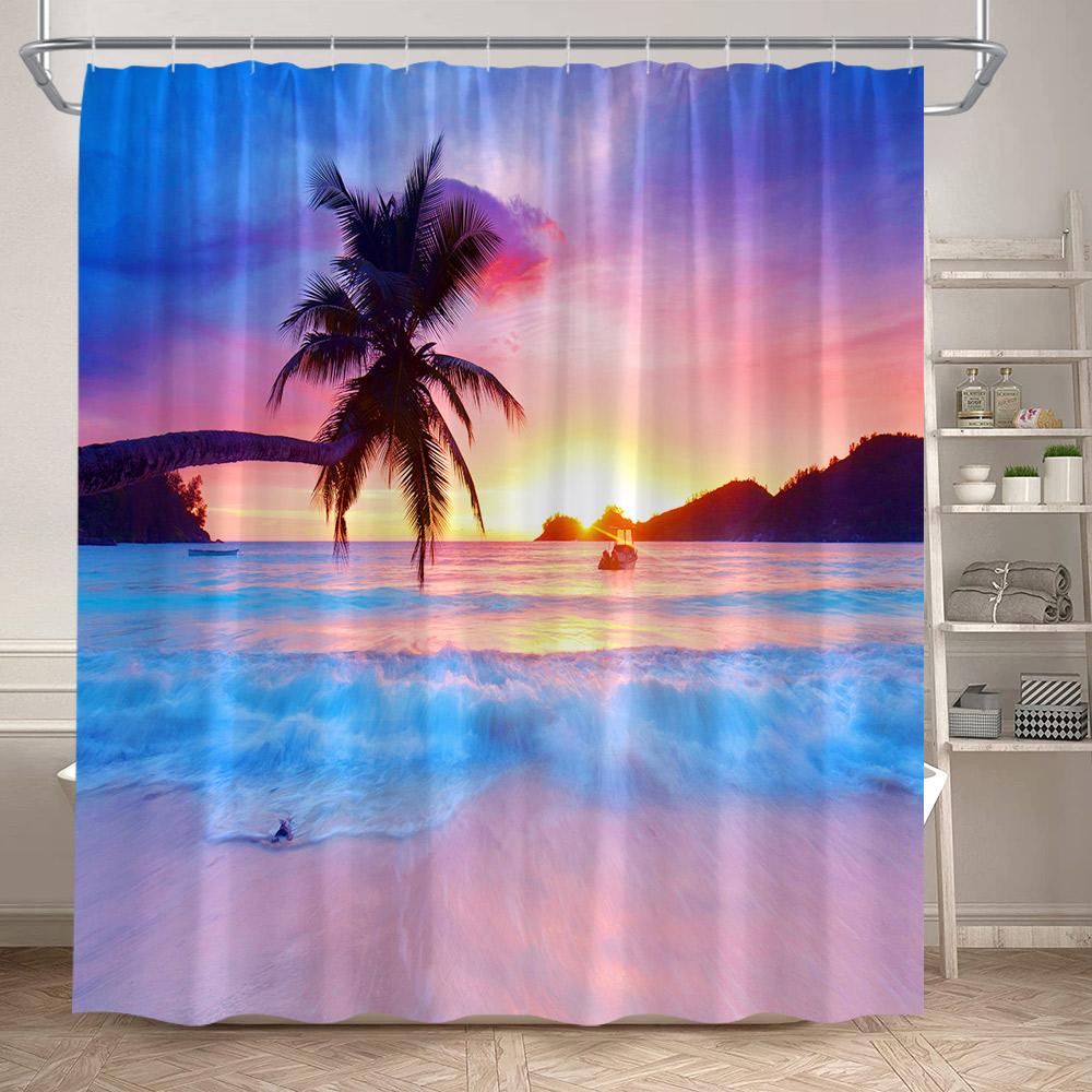 Tende da Doccia con Vista sull'Oceano Spiaggia dell'Isola Alberi di Cocco Hawaii Paesaggio Naturale Tessuto da Appendere alla Parete di Casa Decorazione per Tende da Bagno