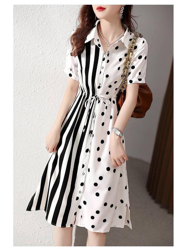 Plus Size Polka Dot Shirt Dress with Waist-Cinching Vertical Stripes and Polo Collar (80-300 Jin), Casual Summer Wear