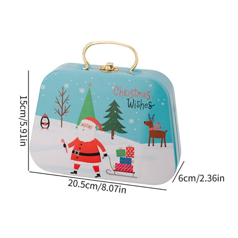 Holiday Gift Tin Box Christmas Metal Treat Container with Handle and Lid Closure for Small Gifts, Dessert Table Use