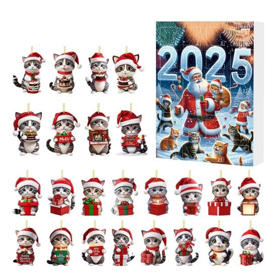 Kočičí adventní kalendáře 2025 2D akrylové roztomilé kočičí ozdoby 24 dní odpočítávací kalendář do Vánoc sváteční závěsná dekorace na stromeček pro milovníky koček