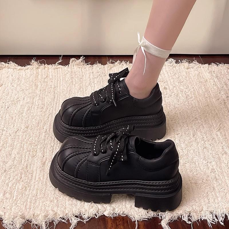 

Новые женские туфли на толстой подошве, одинарные, на шнуровке, с ракушечным носком, на массивной платформе, из маленькой кожи, личность 7 см Zapatillas De Mujer 40 чёрный