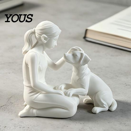 Abstract Pet And Owner Art 3D Printed Girl with Dog Figurine, Minimalist Squatting Sculpture for Home Modern Humanoid Figurine Decor, Healing