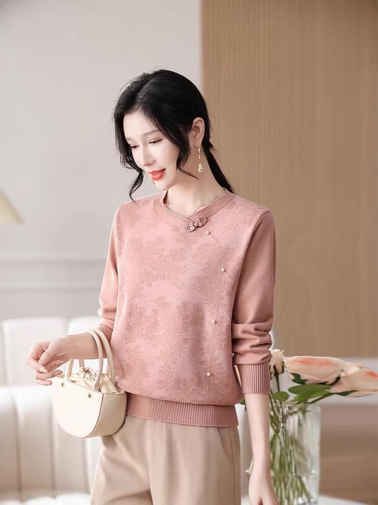 Spring 2026 Chinese-Style Sweater Set for Middle-Aged Women – Lightweight Knit Top