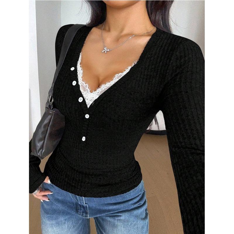 Women S V Neck Lace Trim Slim Fit Solid Long Sleeve T Shirt