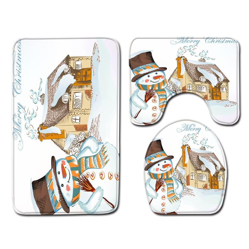 Christmas Home Shower Curtain Waterproof Polyester Cloth Toilet Floor Mat Four-Piece Set Entrance Door Mat Bedroom Living Room Carpet