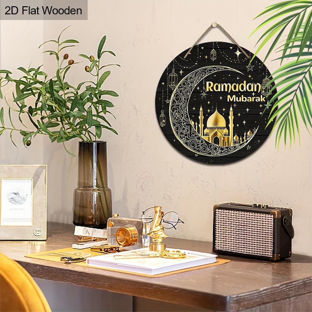 """Ramadan Mubarak" Mond & Moschee Holzschild, Runde Haustür Dekoration, Islamisches Wandbehang - Ideales Geschenk für Ramadan & Eid Feiern"""