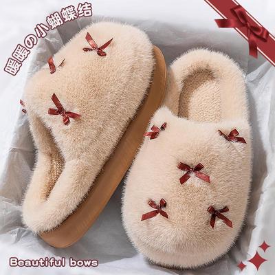 Damen Schleife Plüsch Baumwollpantoffeln - Dick, Warm, Rutschfestes Indoor-Schuhwerk für Herbst/Winter 2025