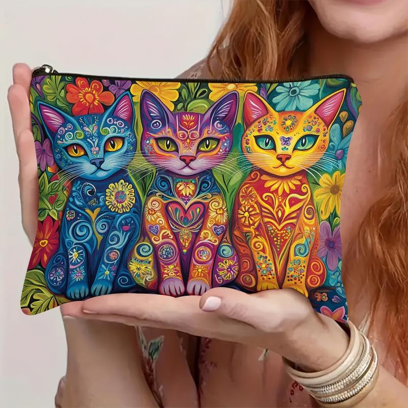 Bohemian Floral Cute Cat Print Women's Makeup Bag-Cosmetic Zipper Pouch,Suitable for Travel Toiletry Daily Use Accessory Case