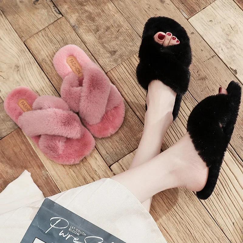 Women Warm Fluffy Slippers Cozy Faux Fur Cross Indoor Floor Slides Flat Soft Furry Ladies Female Celebrities Flip Flops