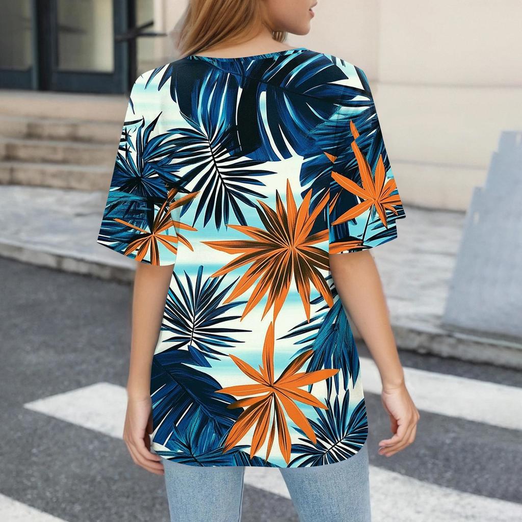 Women's T Shirt Print Button Short Sleeve Daily Weekend Fashion Basic V- Neck Regular Top