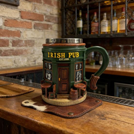 Irish Pub Stein Beer Mug Sculpted Ceramic Coffee Cup with Classic Bar Design 300ml Embossed Tea Mug Gift for Beer Lovers