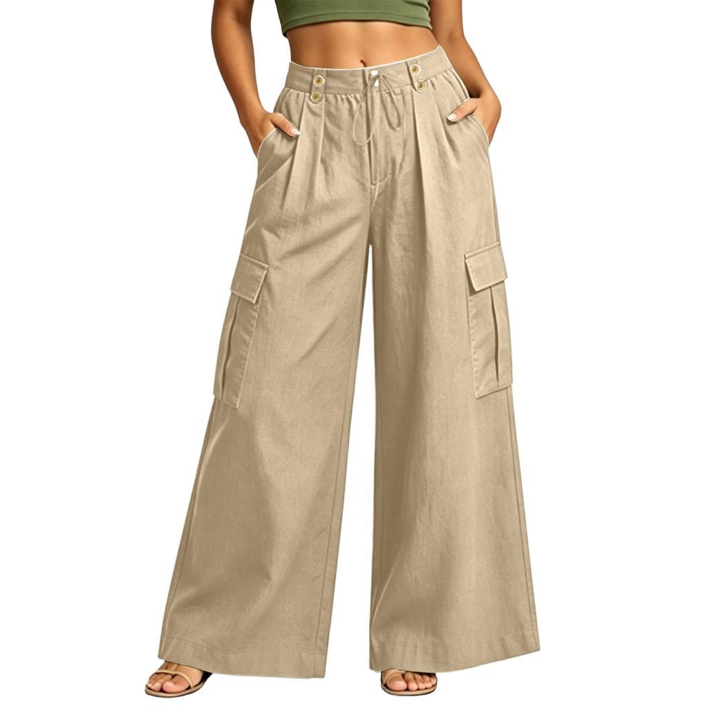Women Wide Leg Cargo Pants High Waist Button Detail Loose Fit Casual Trousers with Side Pockets and Pleated Design