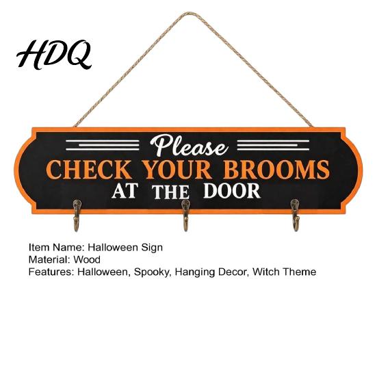 Seasonal Yard Sign Decor Halloween Broom Parking Sign Check Your Brooms Wooden Wall Hanging Witch Themed Door with Hooks for Indoor Outdoor