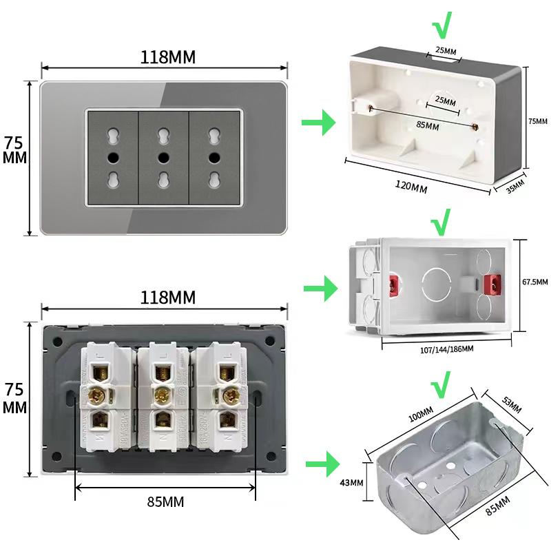 Italy Chile Socket with USB Smart Type-c 20W Fast Charging Glass Wall Electric Light Switch,Thai US Brazil Dual USB Power Socket