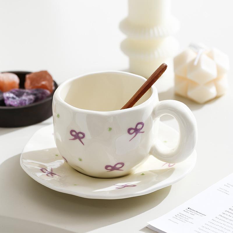 Embossed bow underglaze ceramic coffee cup and saucer set cute water cup with tray