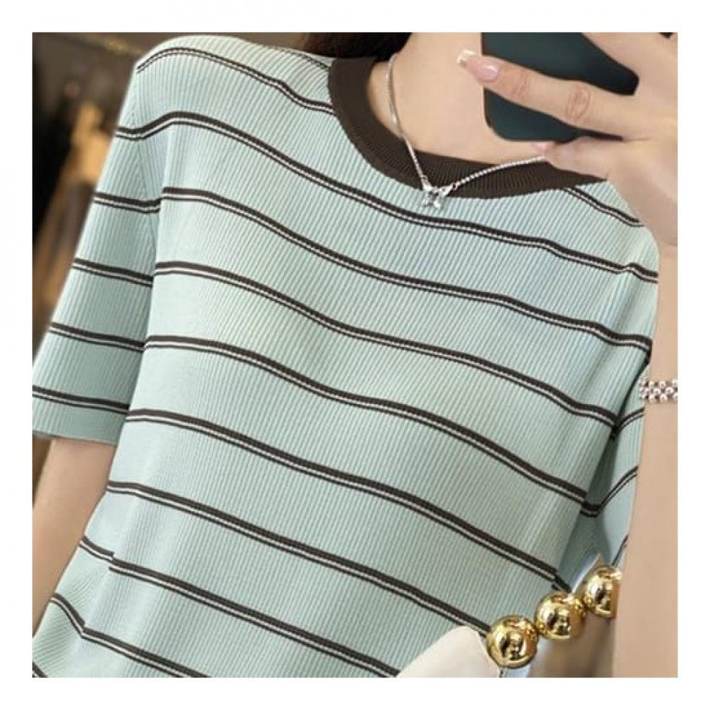 Navava Thin Short Sleeve Round Neck Stripe Knit Nk2093