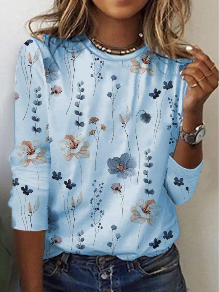 Fashion Women Long Sleeve Cross Border Floral Print Trendy T-Shirt European American