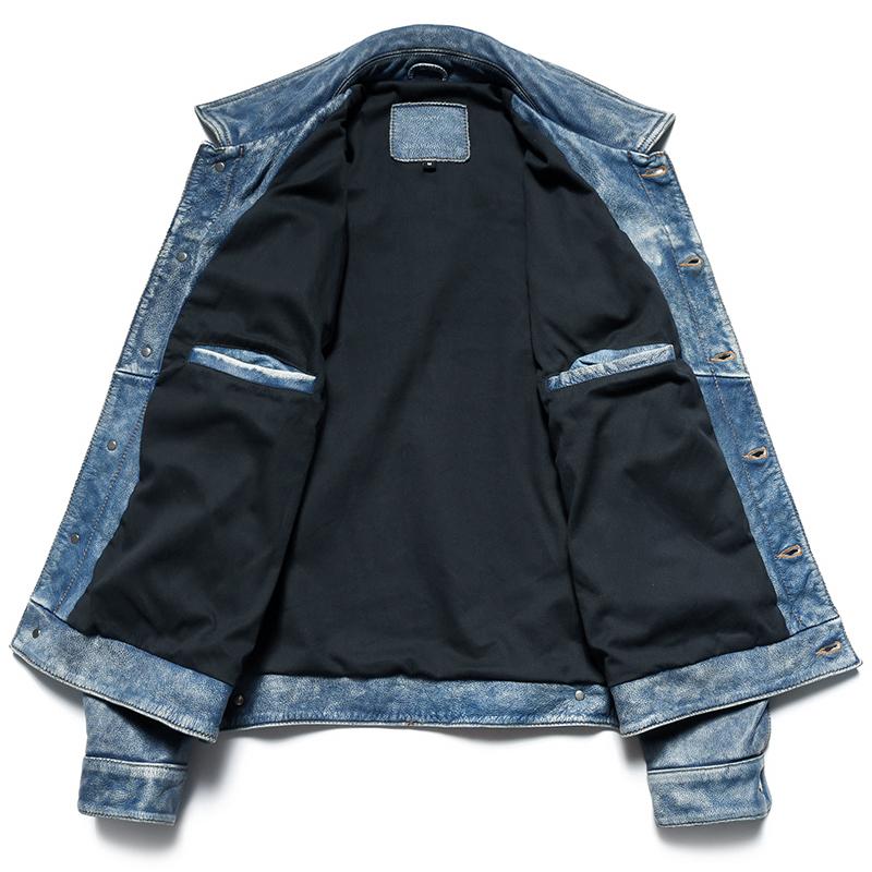 Çince Beden Vintage Mavi 507 Rahat Hakiki Deri Ceket Erkek Gerçek İnek Derisi İnce Bomber Ceket Erkek Deri Ceket Sonbahar Erkek Giysileri