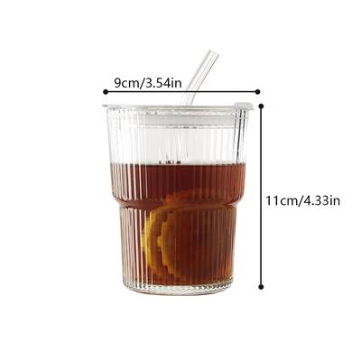 450Ml Çizgili Cam Bardak Kapaklı ve Pipetli Şeffaf Bardaklar Buzlu Kahve Kupası Çay Kupası Meyve Suyu Bardağı Süt Su Kupası İçecek Kapları