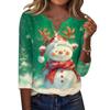 Women's Casual Christmas Print V-Neck T-Shirt with Decorative Buttons and 3/4 Sleeves